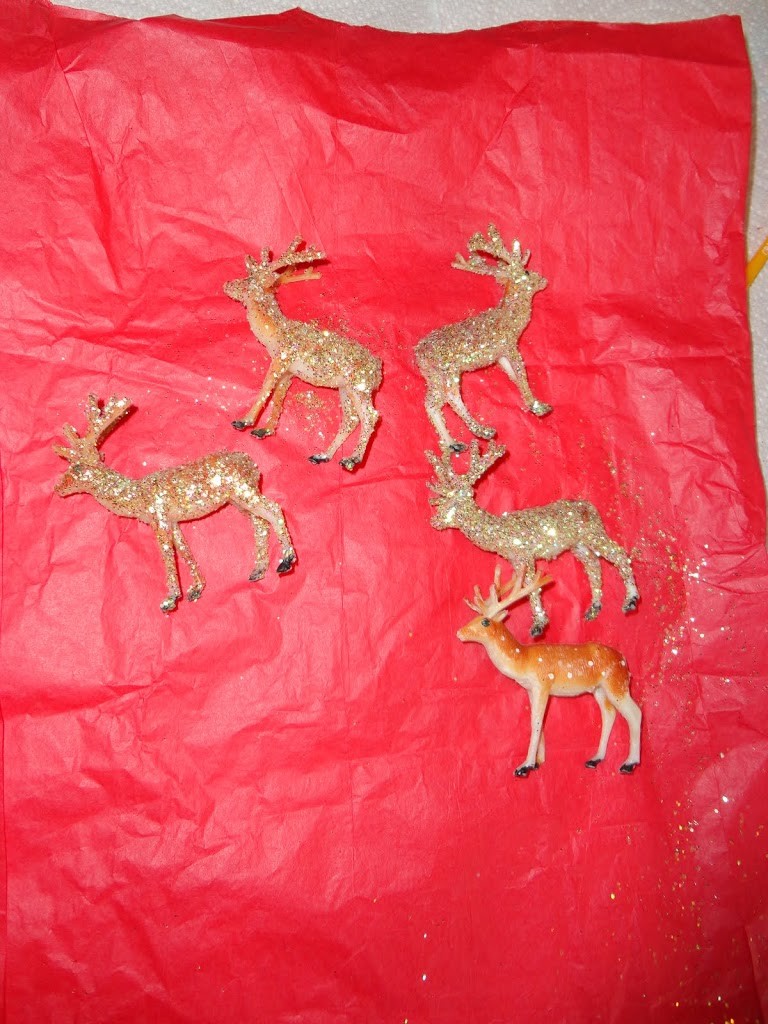 Great (And Cheap!) Christmas Decor Idea: Glitter Up Some Dollar Store Plastic Deer Toys