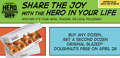 Krispy Kreme: Buy 1 Get 1 FREE Dozen Original Glazed Doughnuts on April 28th