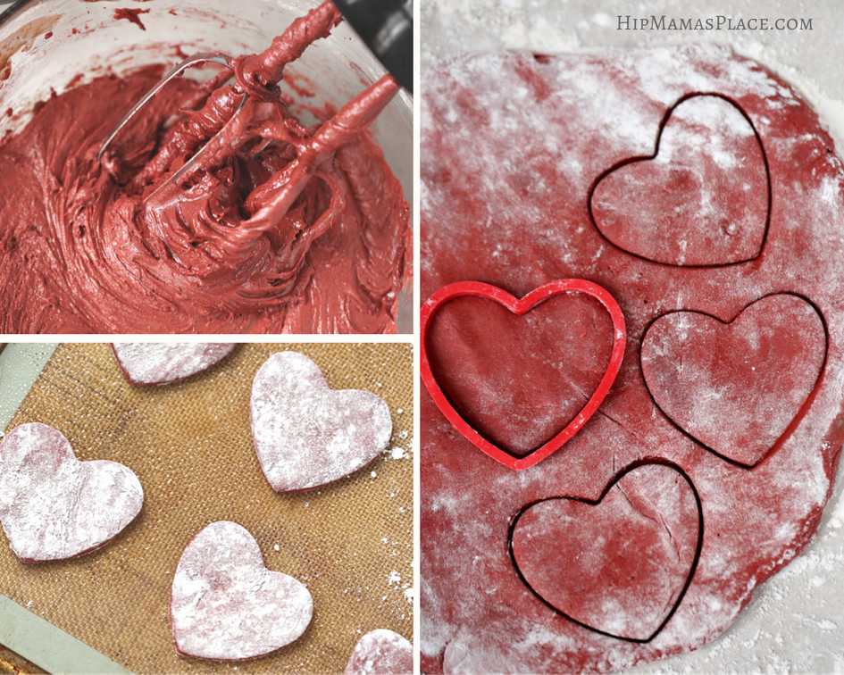 A collage of three pictures showing how to make heart shaped red velvet cookies. 
