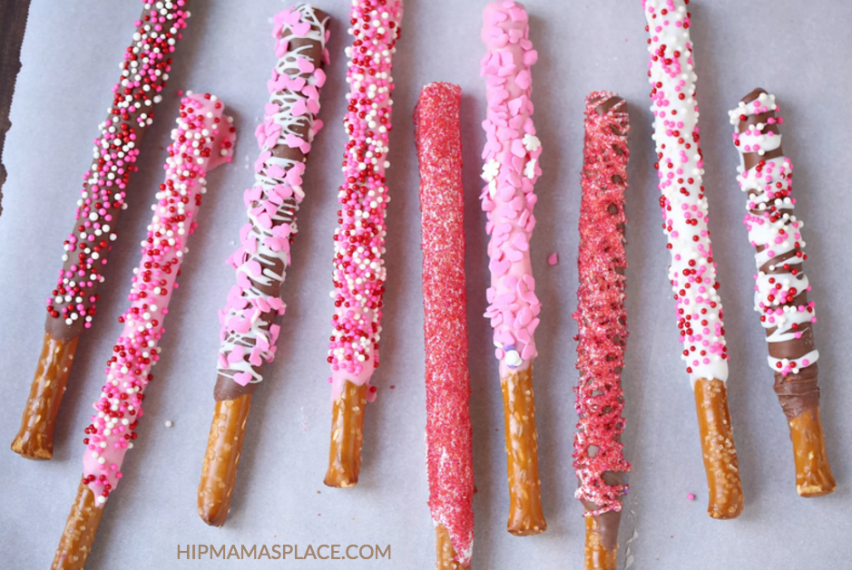 colorful Valentine's chocolate covered pretzels 