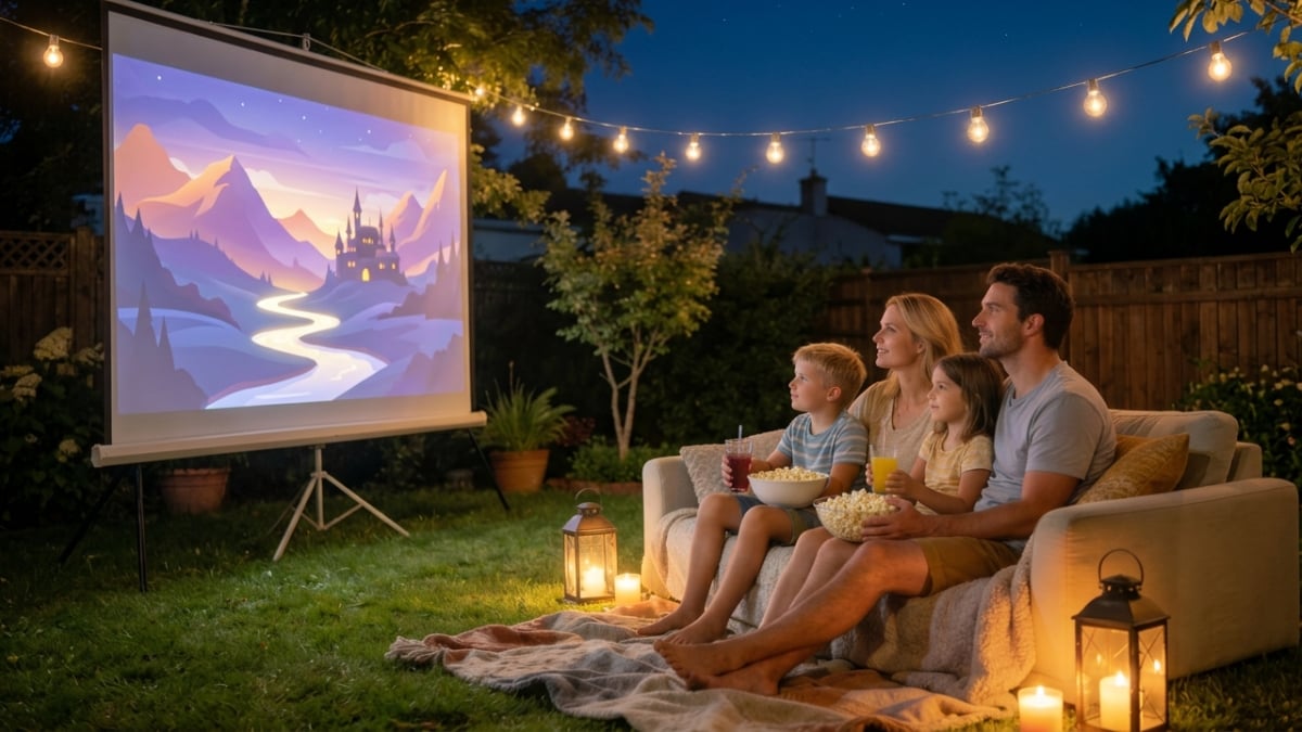 family watching movie outside during summer night