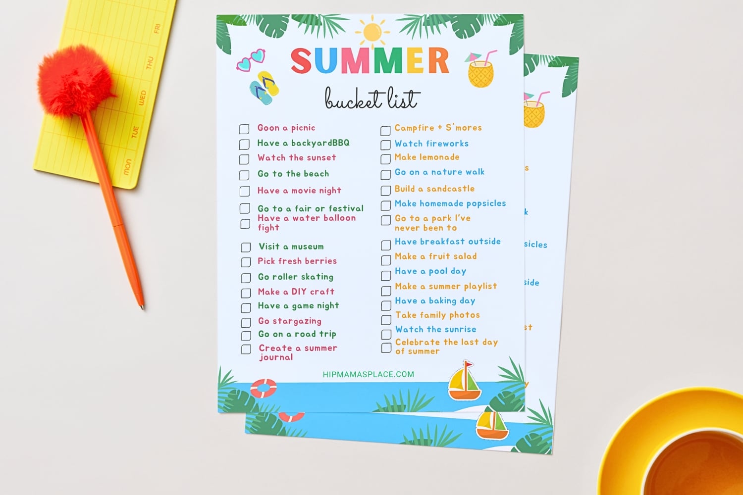 two pages of free printable summer bucket list ideas both filled and unfilled
