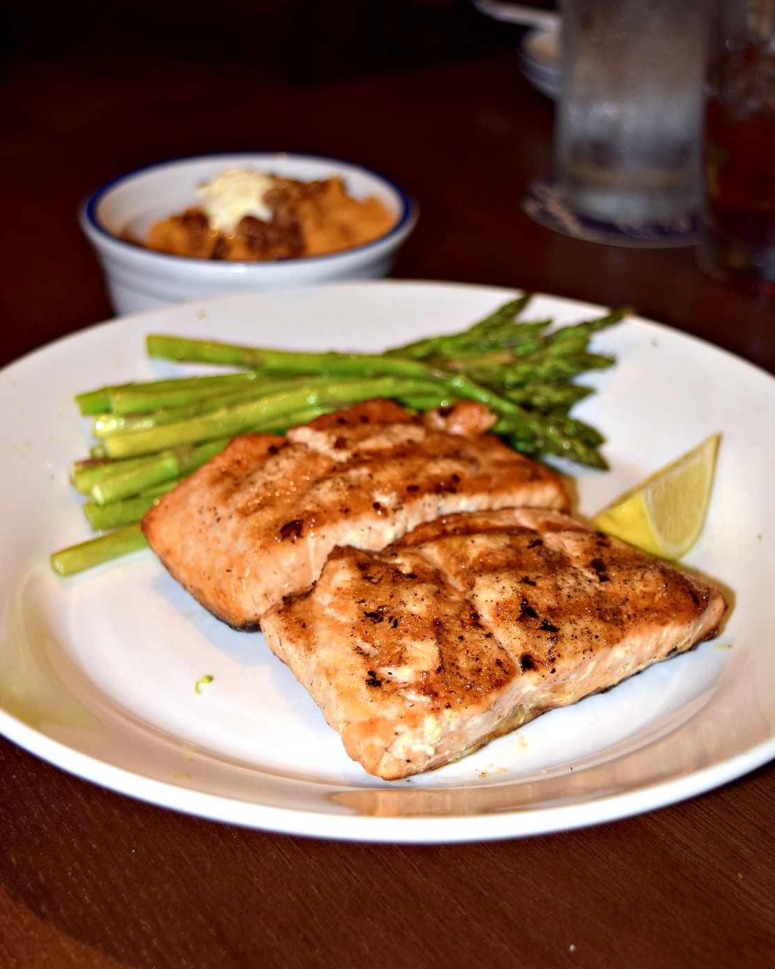 Blackened salmon with grilled asparagus and mashed sweet potatoes topped with chopped pecans and melted butter @ Red Lobster - Manassas, Virginia 