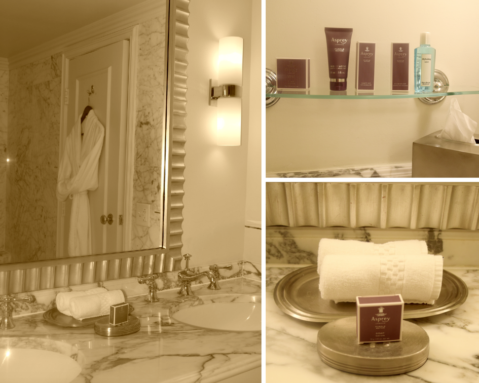 The Executive One Bedroom Suite at The Ritz-Carlton Pentagon City offers beautifully appointed marble bathroom with plush terry robes for guests and luxury Asprey bath essentials. 