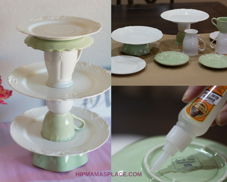  Here’s a lovely DIY upcycled tiered cake stand that I made out of coordinating plates, bowls and coffee cups from the thrift store!