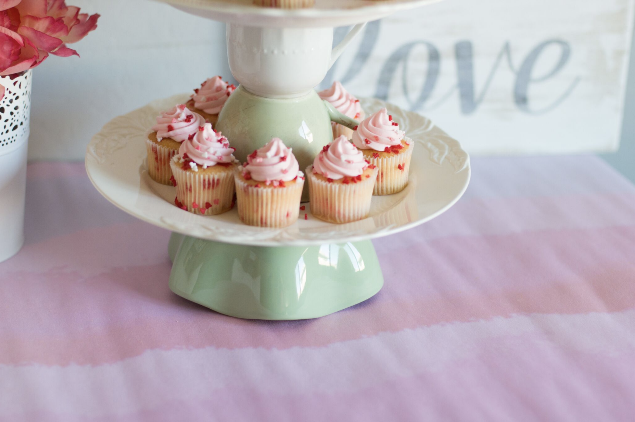  Here’s a lovely DIY upcycled tiered cake stand that I made out of coordinating plates, bowls and coffee cups from the thrift store!