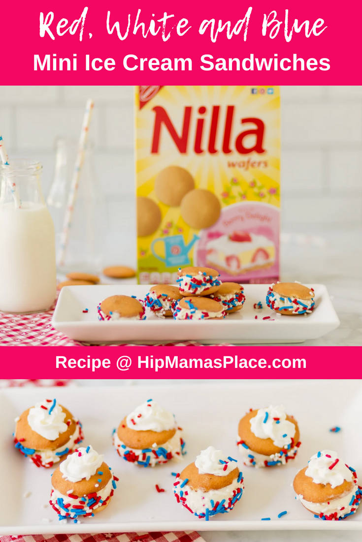 Patriotic, delicious and refreshing, these Red, White and Blue Mini Ice Cream Sandwiches with NILLA Wafers are the perfect summer snacks or desserts for your next summer party!