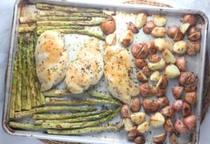 Baked Chicken, Potatoes and Asparagus: One-Pan Garlic Herb Butter Recipe