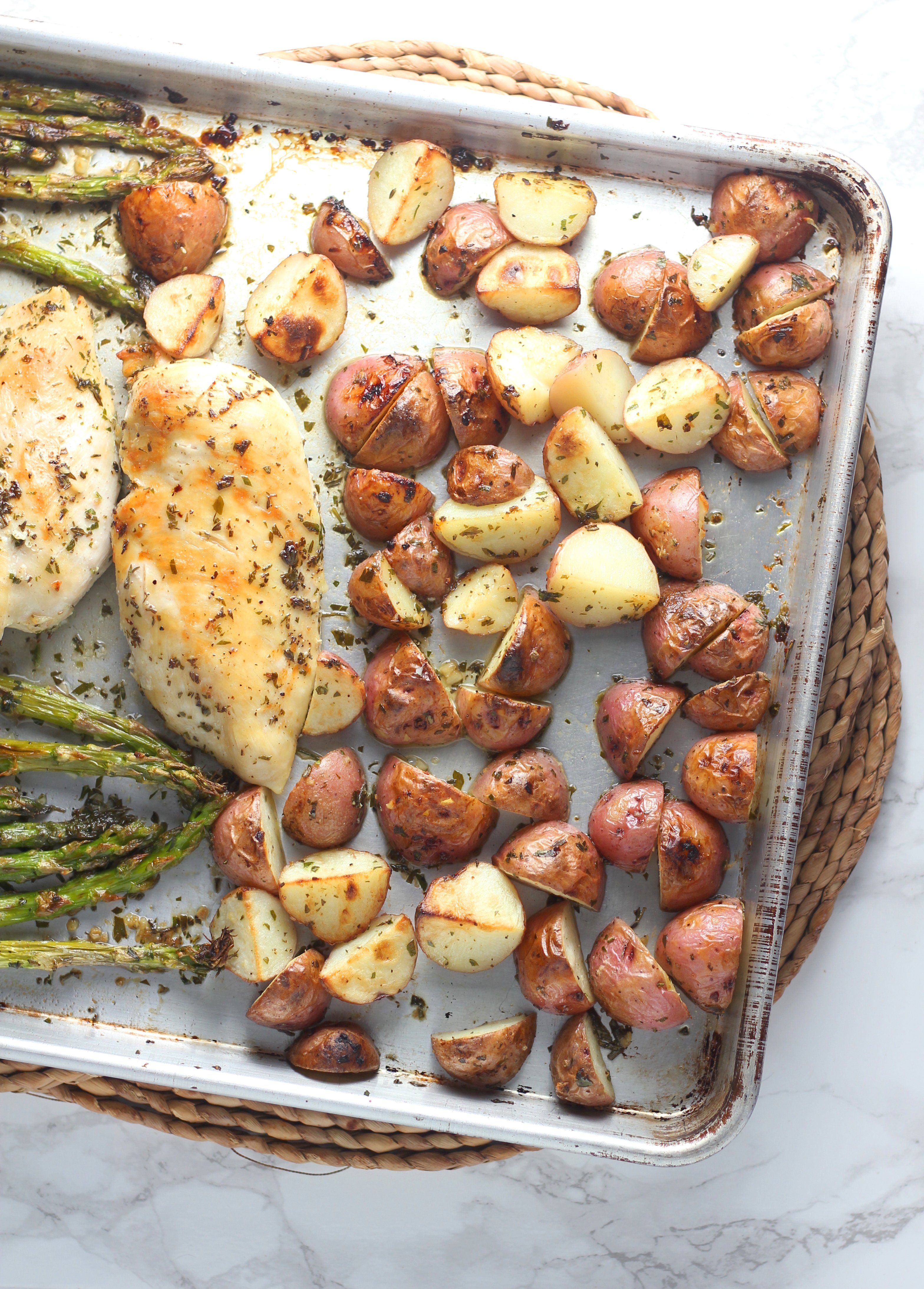 This quick and easy One-Pan Garlic Herb Butter Chicken with Potatoes and Asparagus makes a complete, satisfying dinner that’s perfect for busy weeknights!