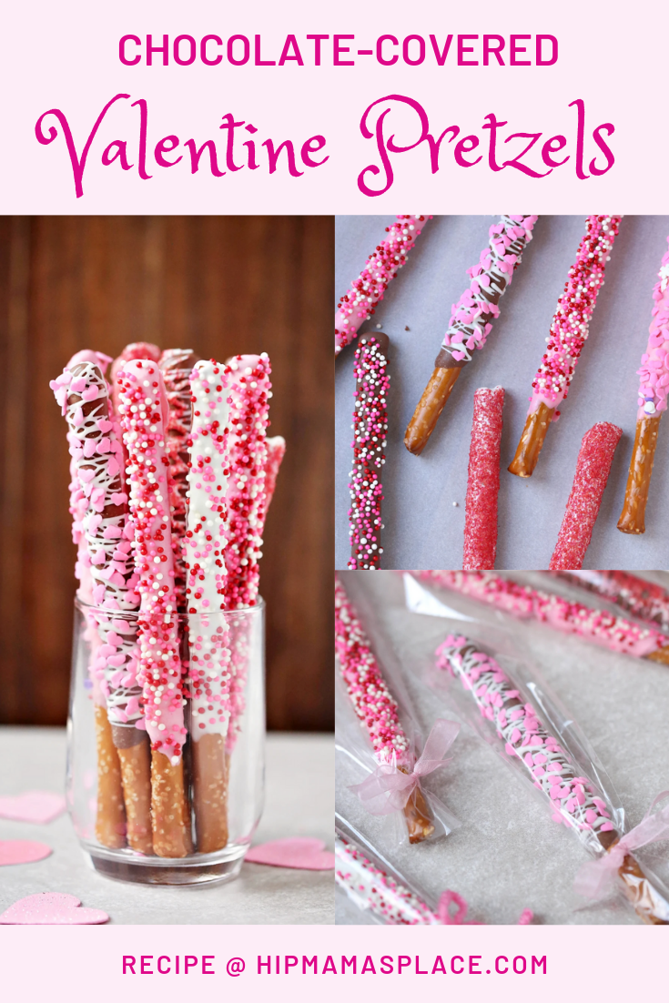 chocolate covered pretzels with pink, red and white sprinkles