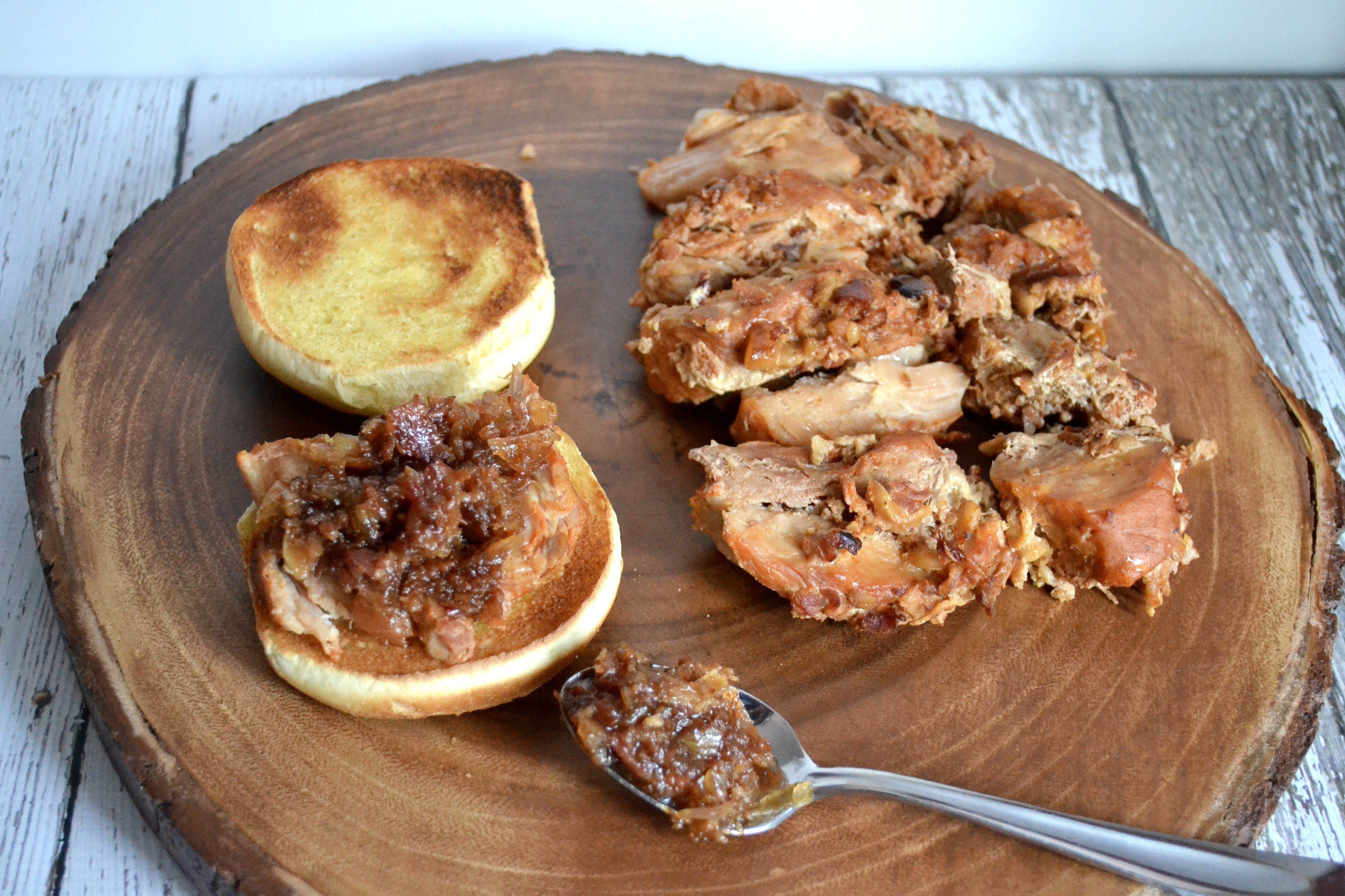 Slow Cooker recipe for Open-Faced Pork Loin Sammies with Applewood Smoked Bacon Onion Jam made with Smithfield Marinated Fresh Pork! 