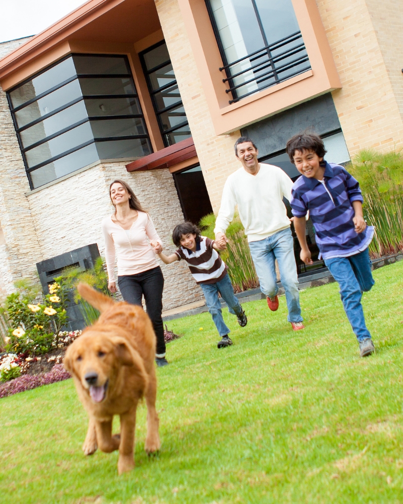 family bonding with pet at home spending quality time together