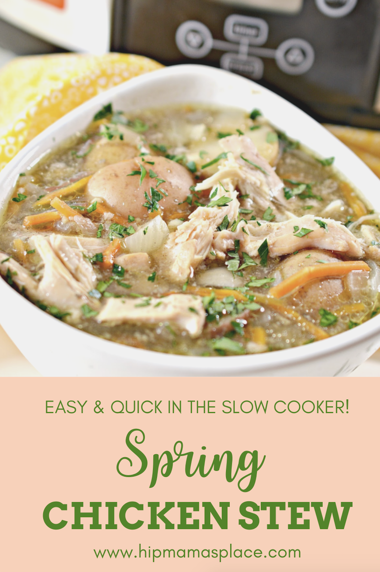 Easy and quick slow cooker Spring Chicken Stew made with sweet Vidalia Onions and fresh veggies #AD #onlyVidalia #slowcookermeals #easyrecipes #comfortfood 