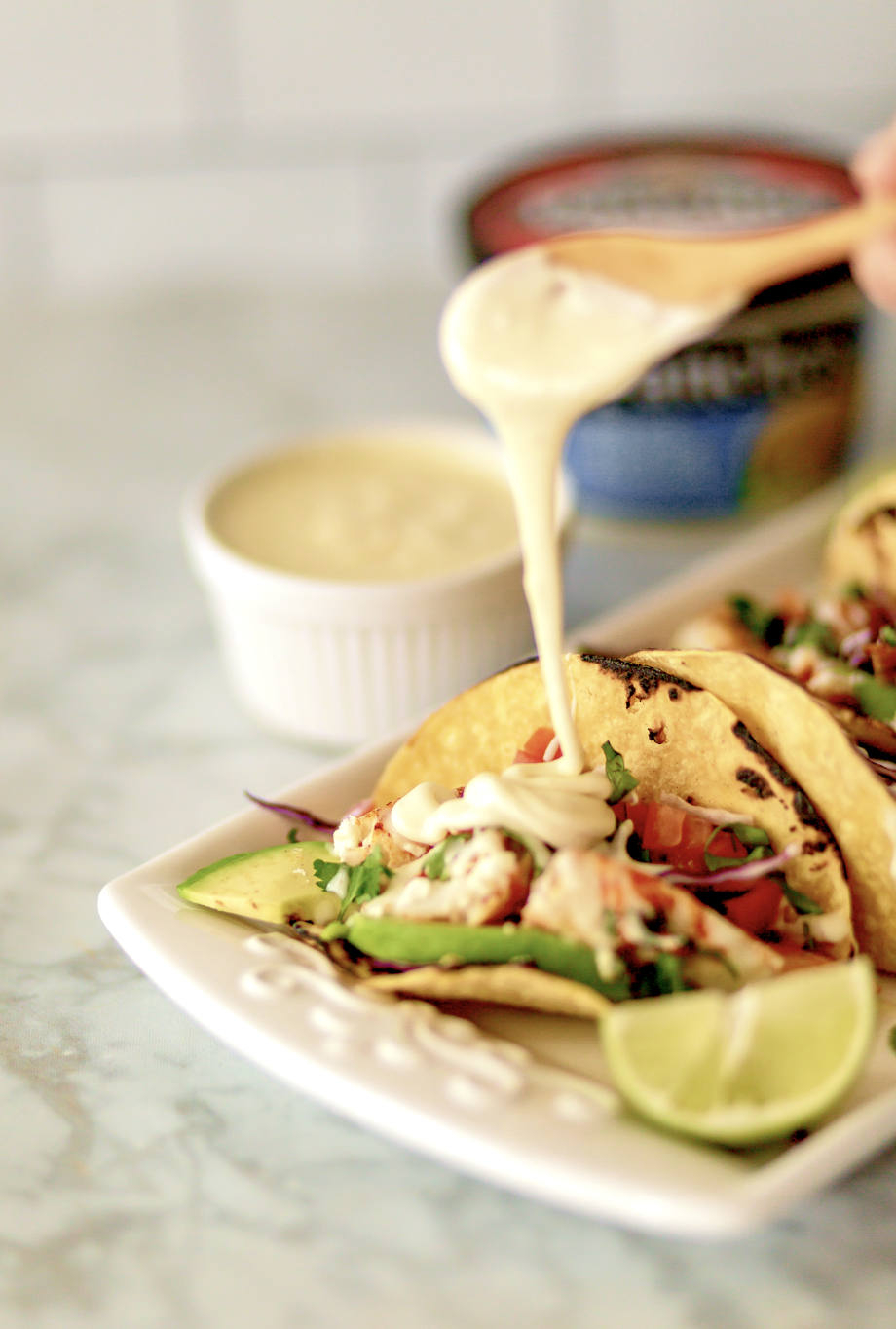 Pancho's Queso Dip on fish tacos