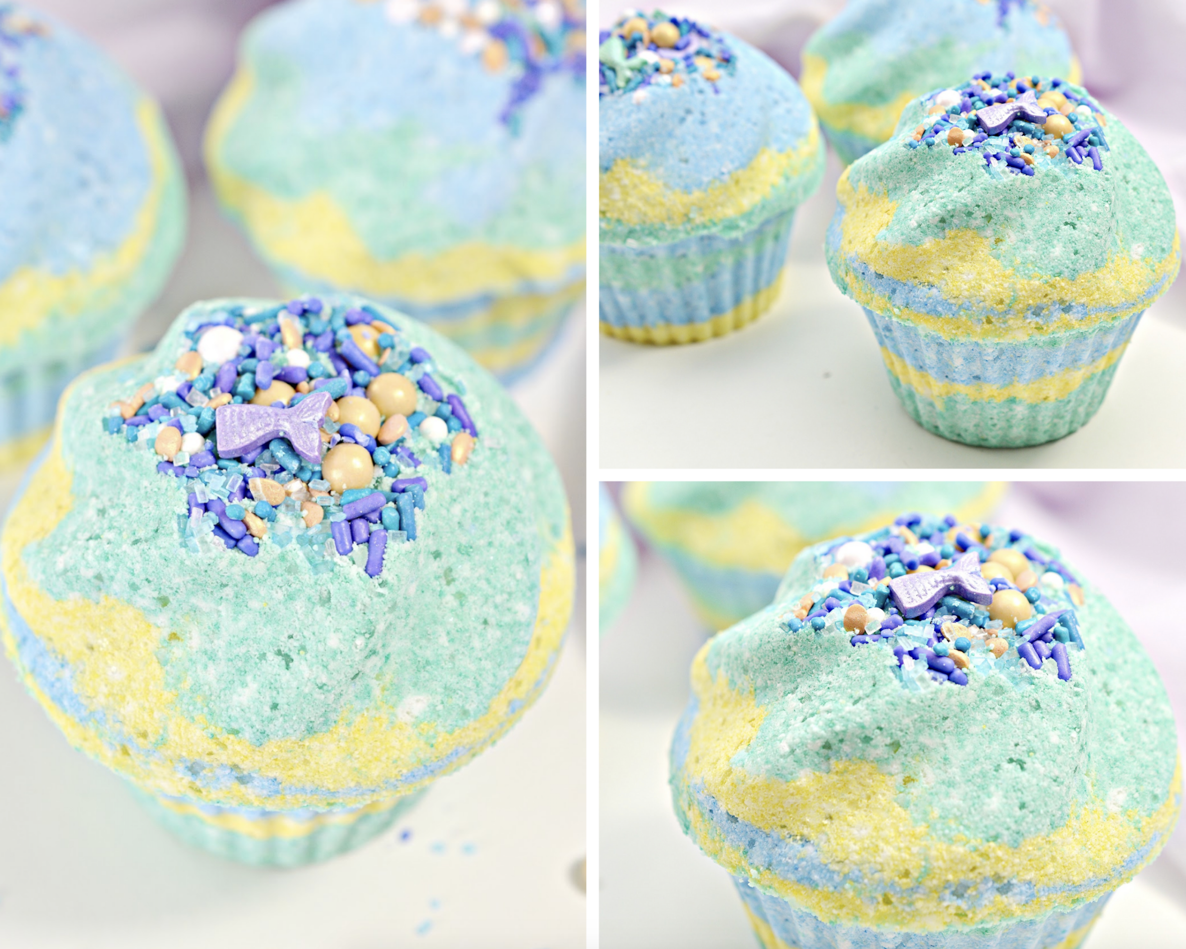 Make your next bath smell wonderful, fizzy and more relaxing with DIY bath bombs! Try my recipe for Mermaid Cupcake Bath Bombs DIY! #bathbombs #DIY #bathcare #selfcare #DIYbathbombs #homemade #homemadebathbombs #beauty #beautyrecipes #skincarerecipes #imadethis #beautybloggers #beautyinfluencer #crafty #craftymoms