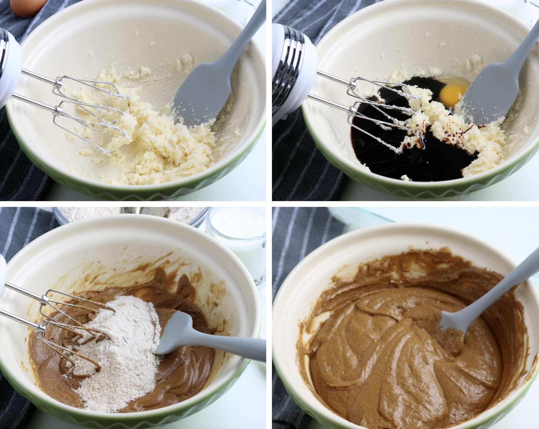 A collage showing you each step of how to make gingerbread cake batter. 