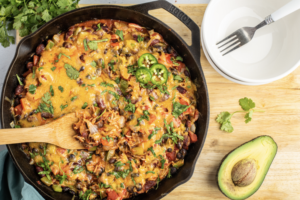 One Skillet Cheesy Rice and Beans