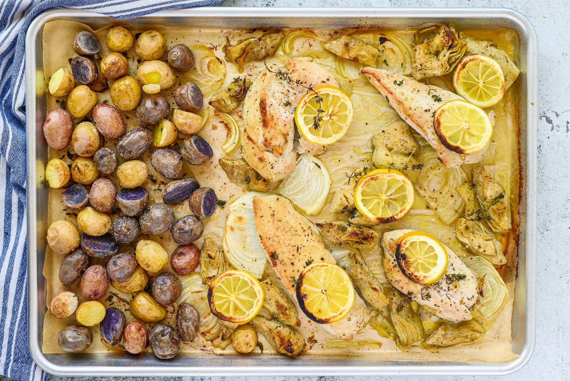 sheet pan chicken with artichokes and potatoes