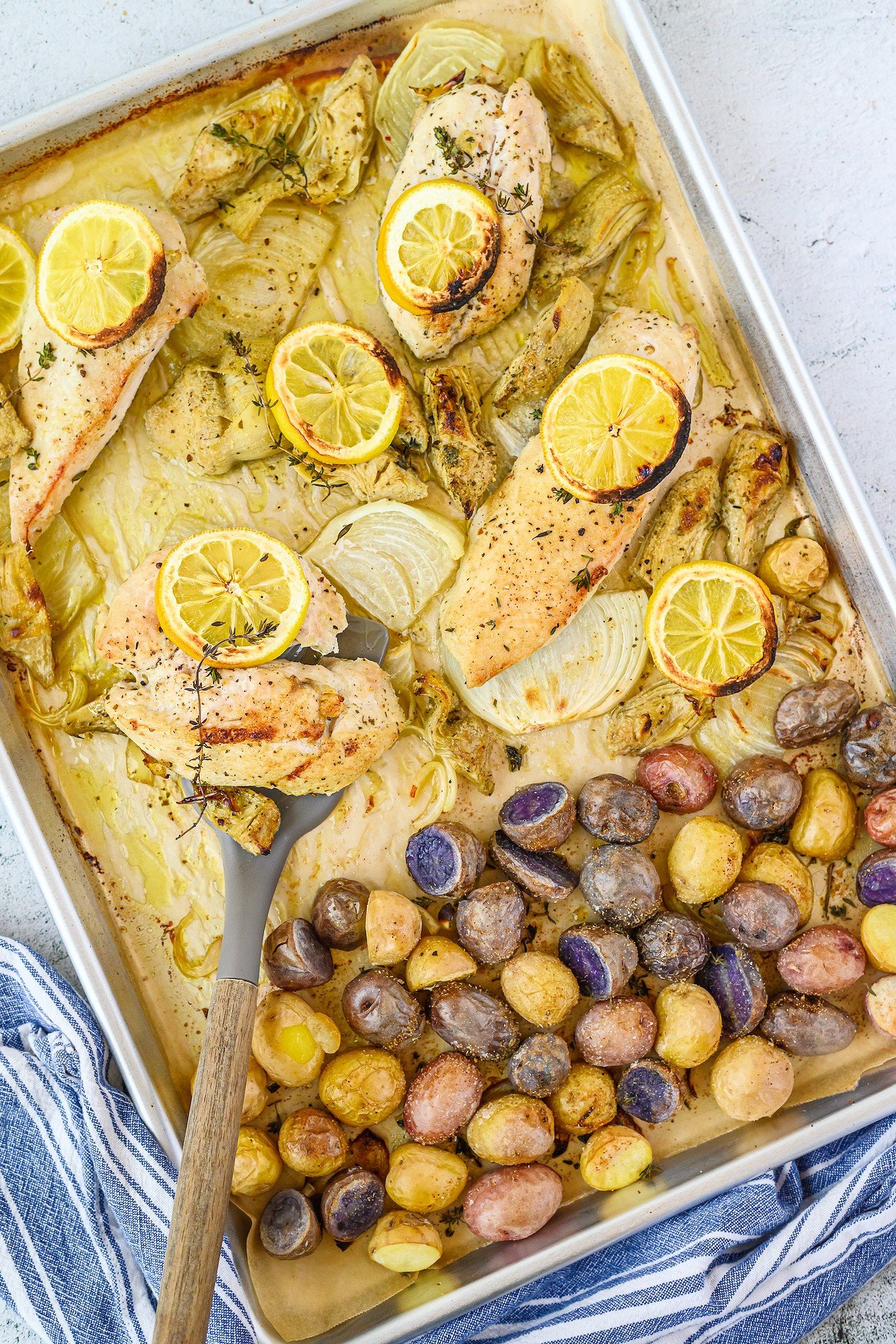 sheet pan chicken recipe with artichokes and potatoes 