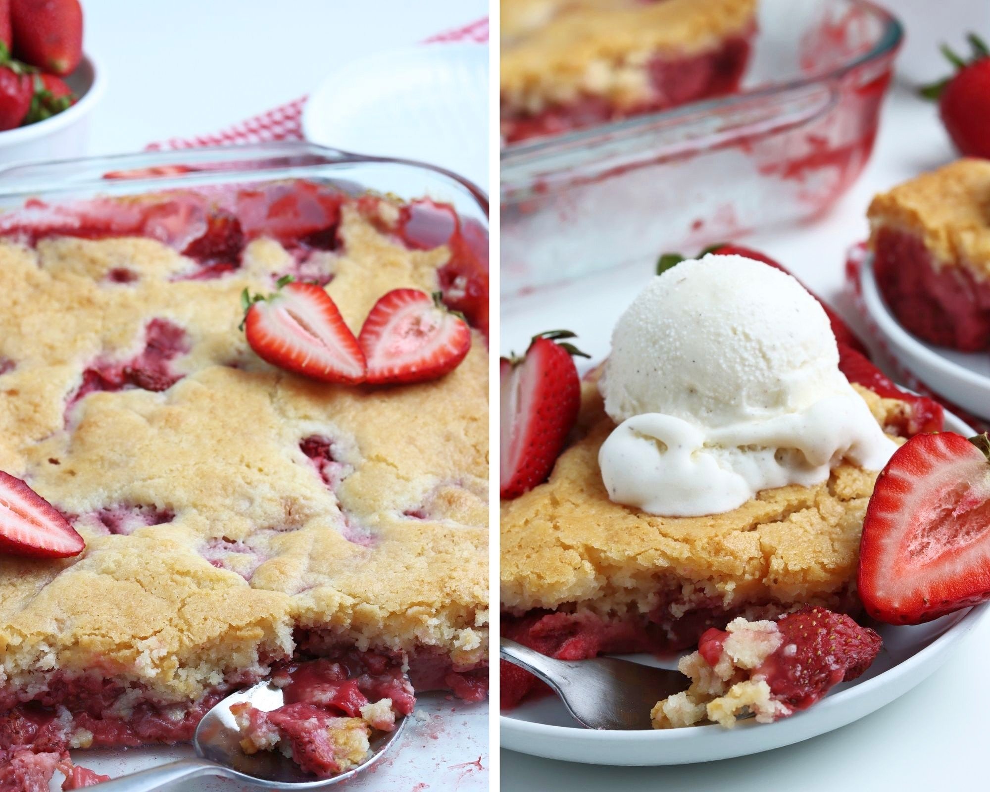 strawberry cobbler topped with ice cream 