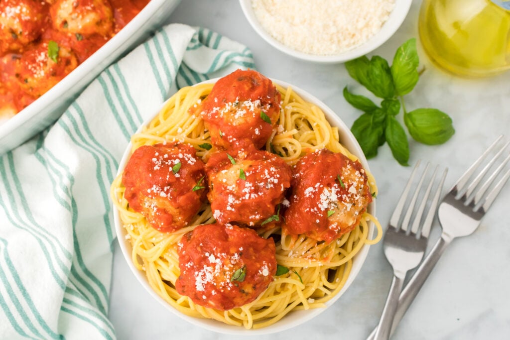 Chicken Parmesan Meatballs on pasta