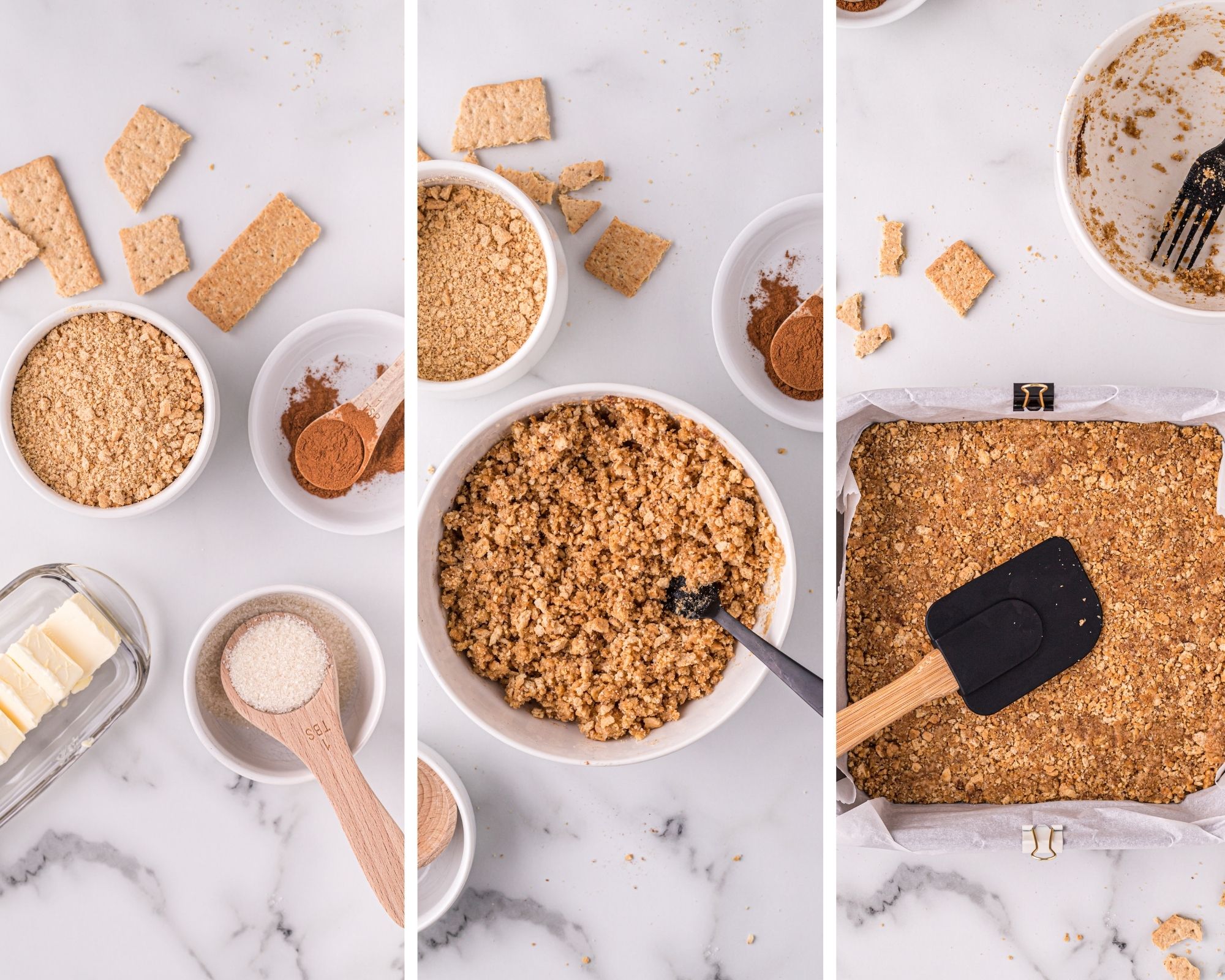 a collage of three pictures showing how to make pumpkin cheesecake bars. 