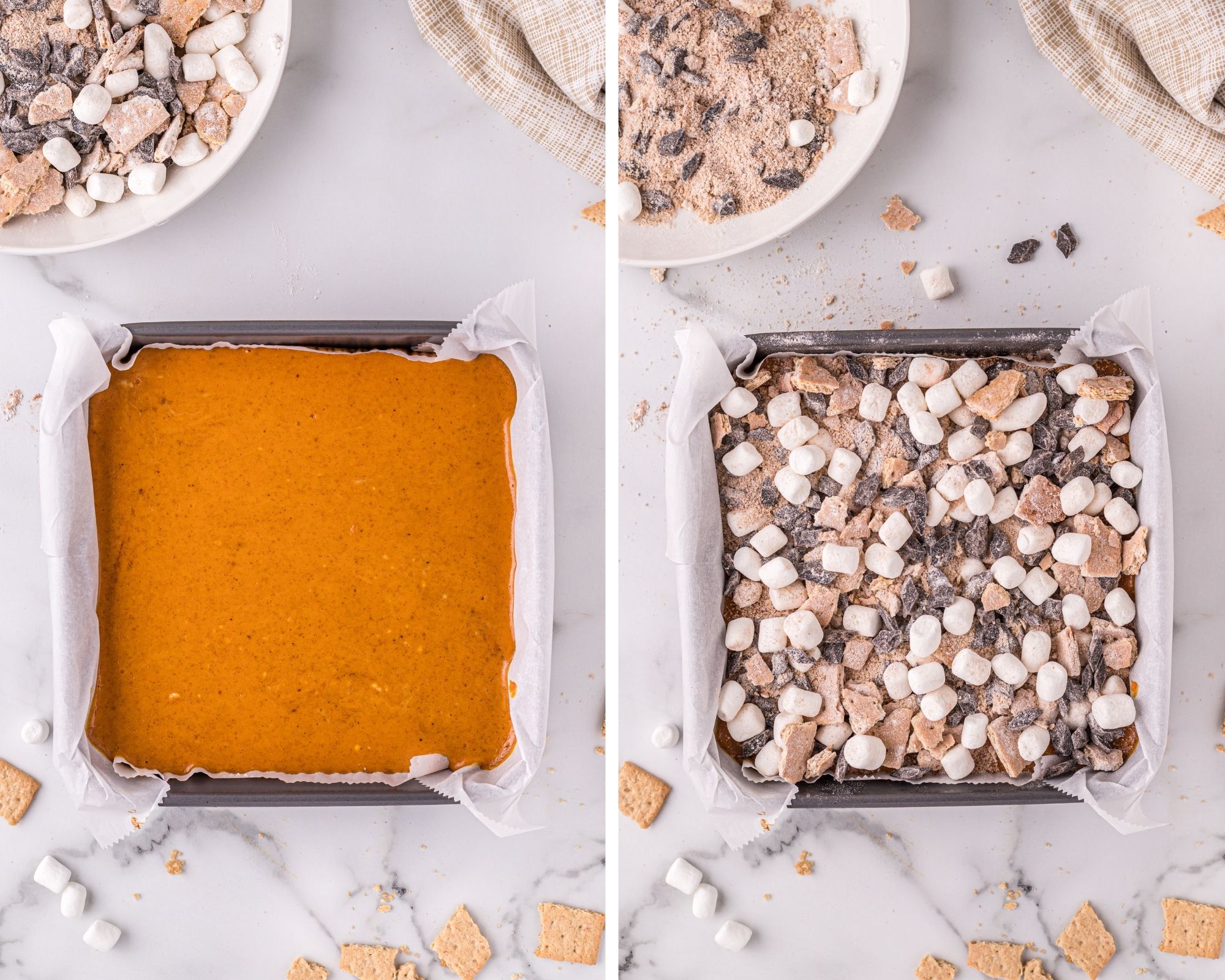 Adding the toppings to the pumpkin cheesecake bars. 