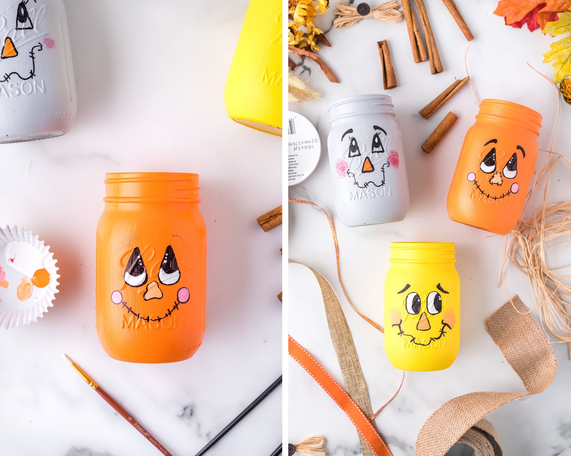 painting scarecrow faces on mason jars
