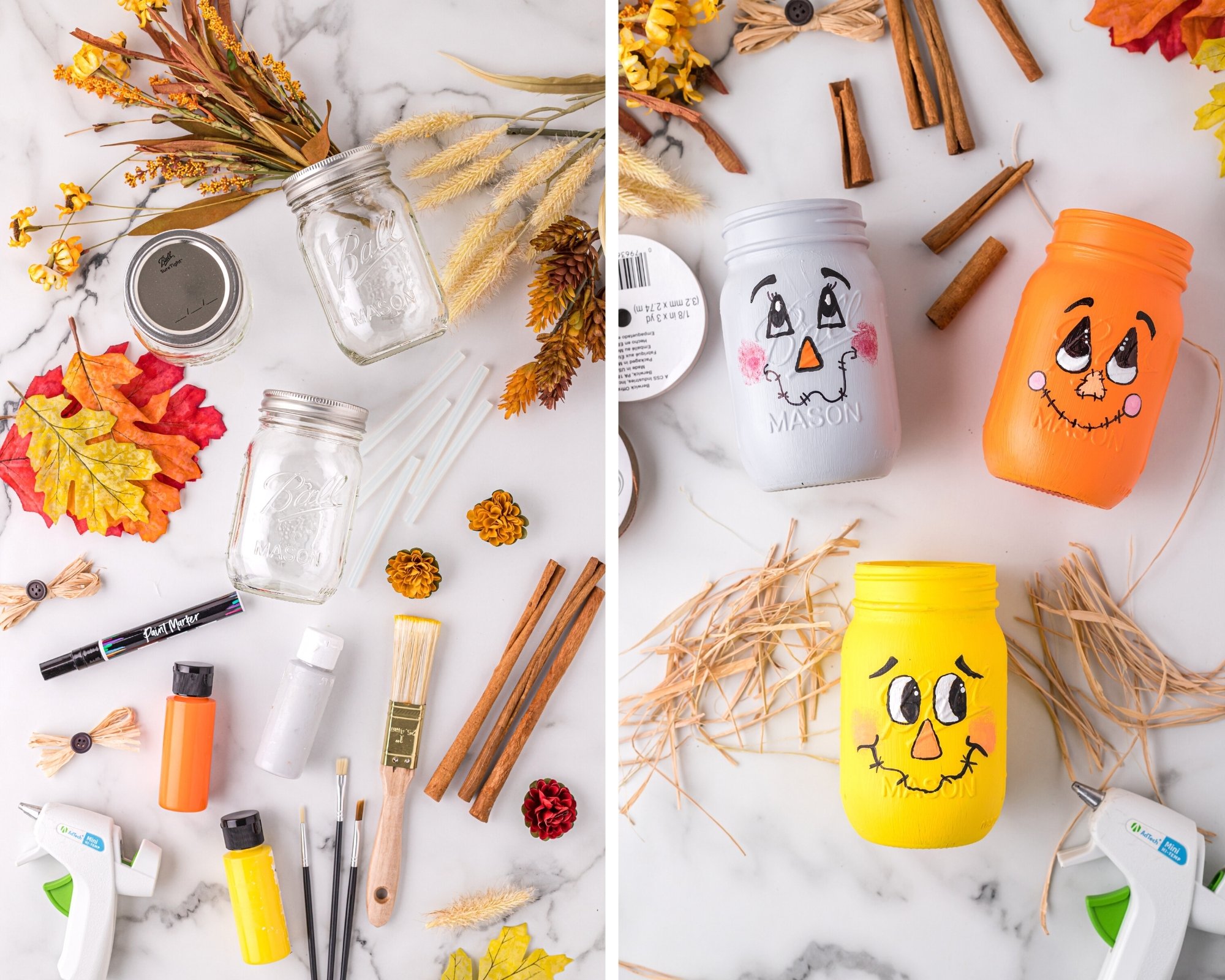 A collage of the supplies you'll need before you decorate mason jars to look like scarecrows