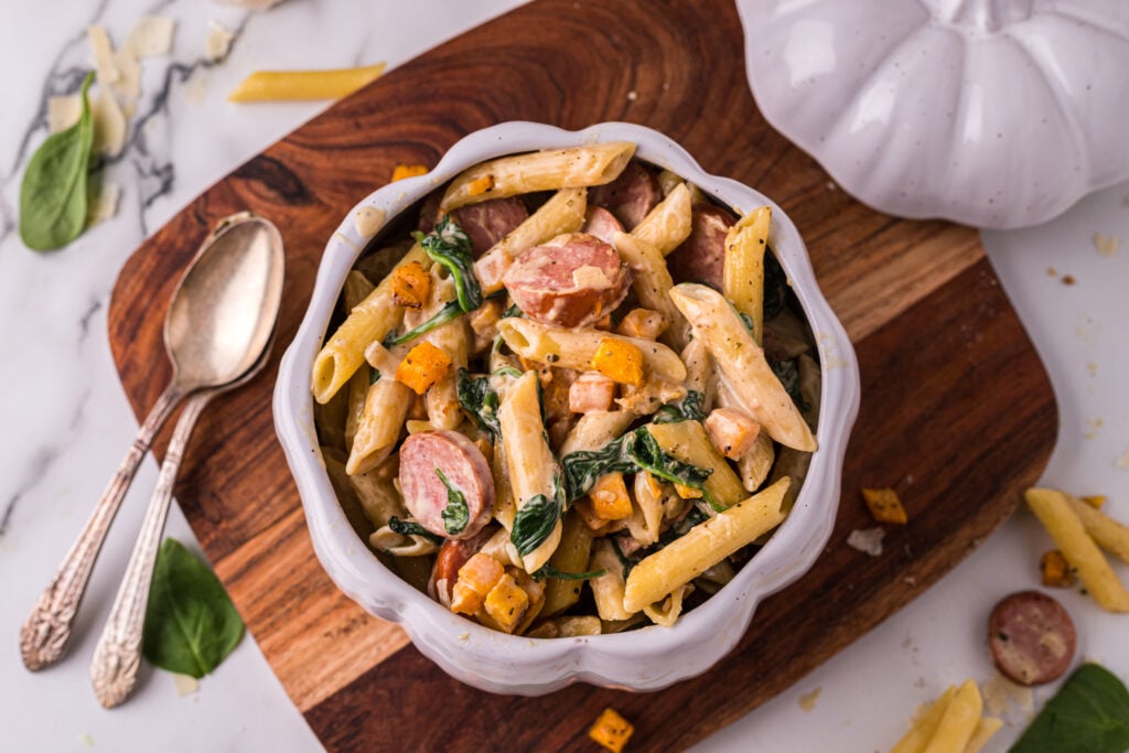 Creamy Butternut Squash Pasta with Spinach and Sausage