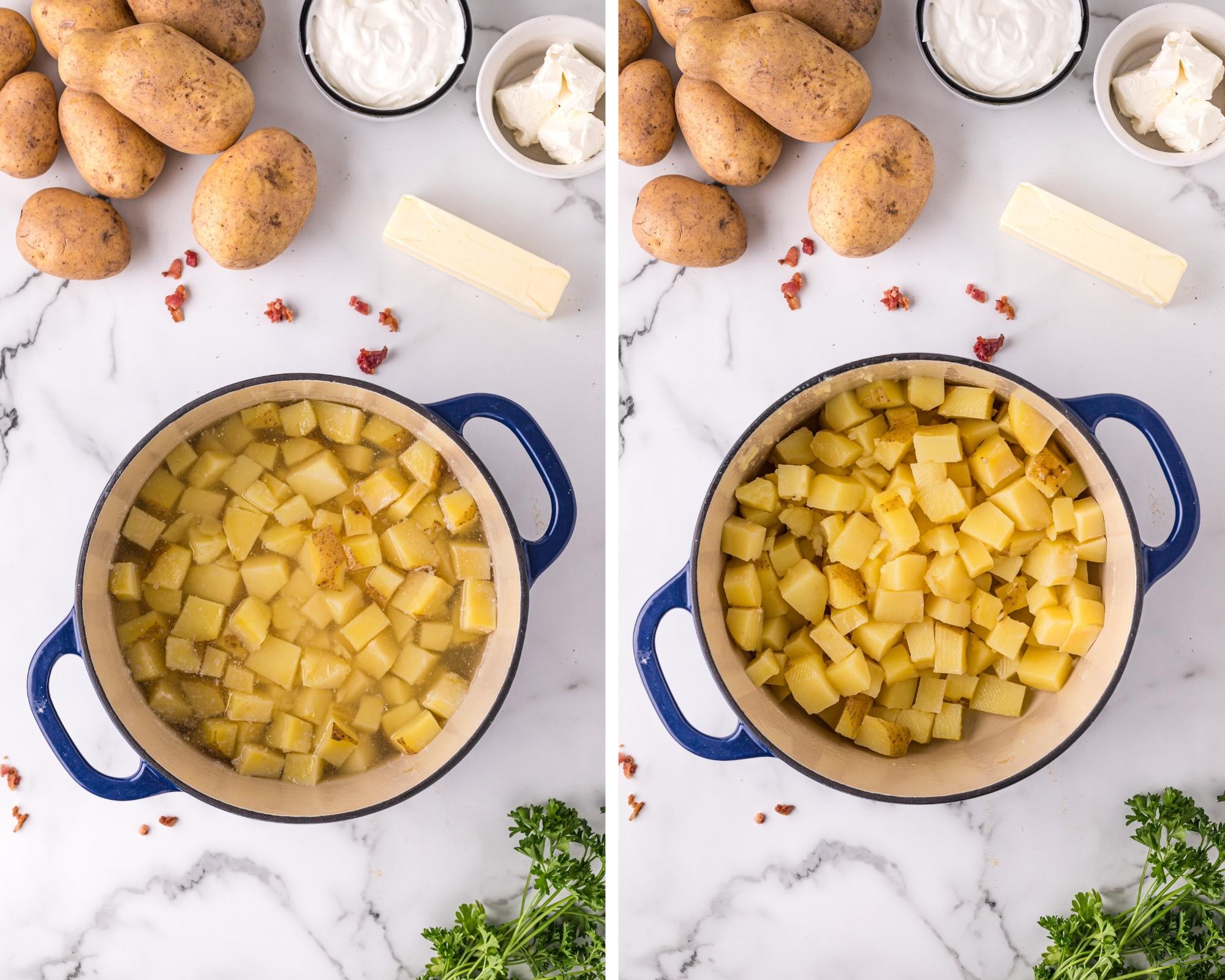 Boiling cubed potatoes in a Dutch Oven.