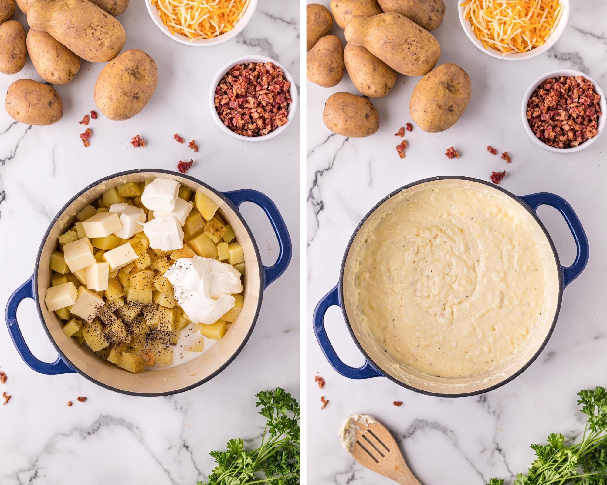 Adding butter and cream cheese to the potatoes and mashing them together. 