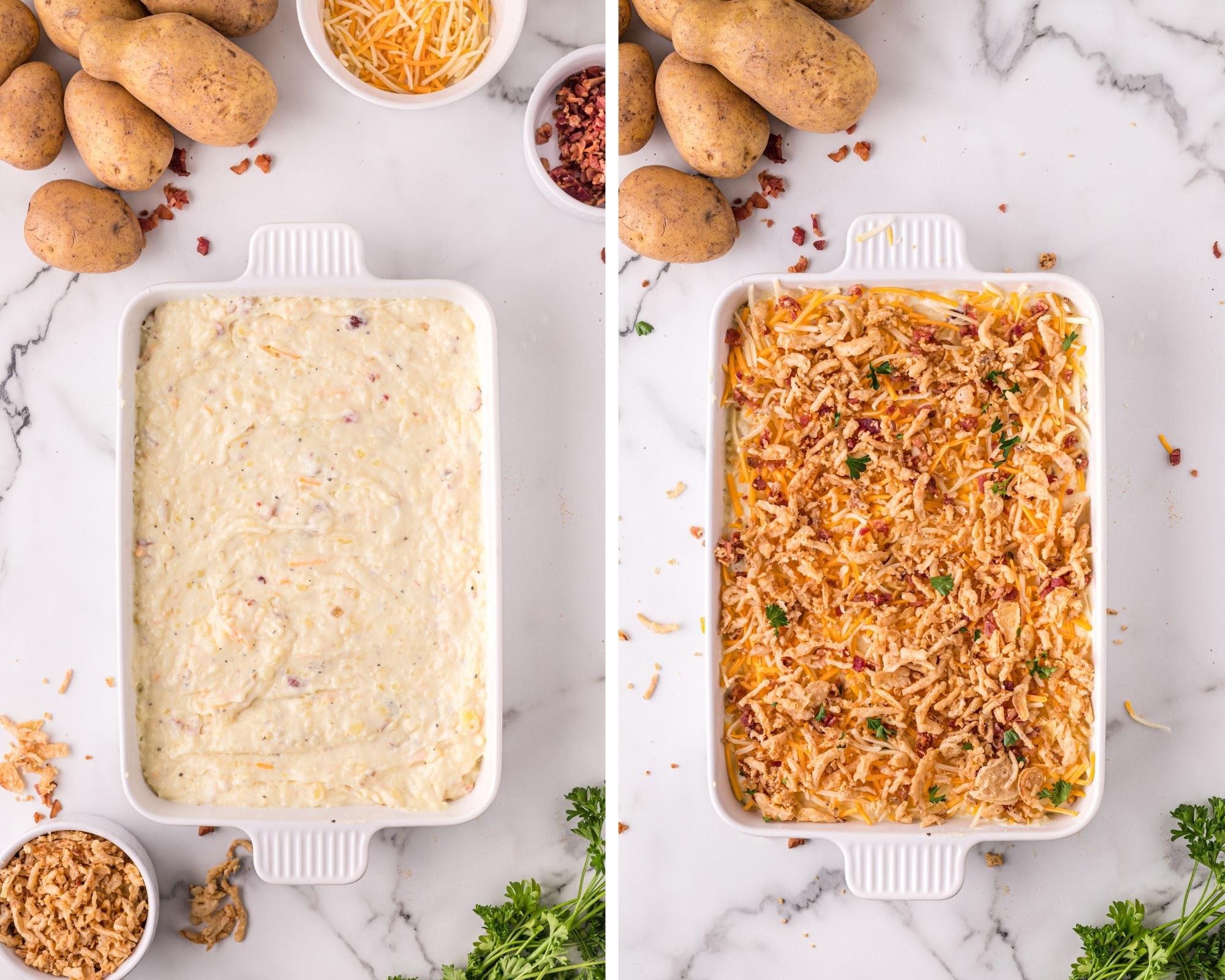 Adding mashed potatoes to a casserole dish and spreading fried onions on top. 