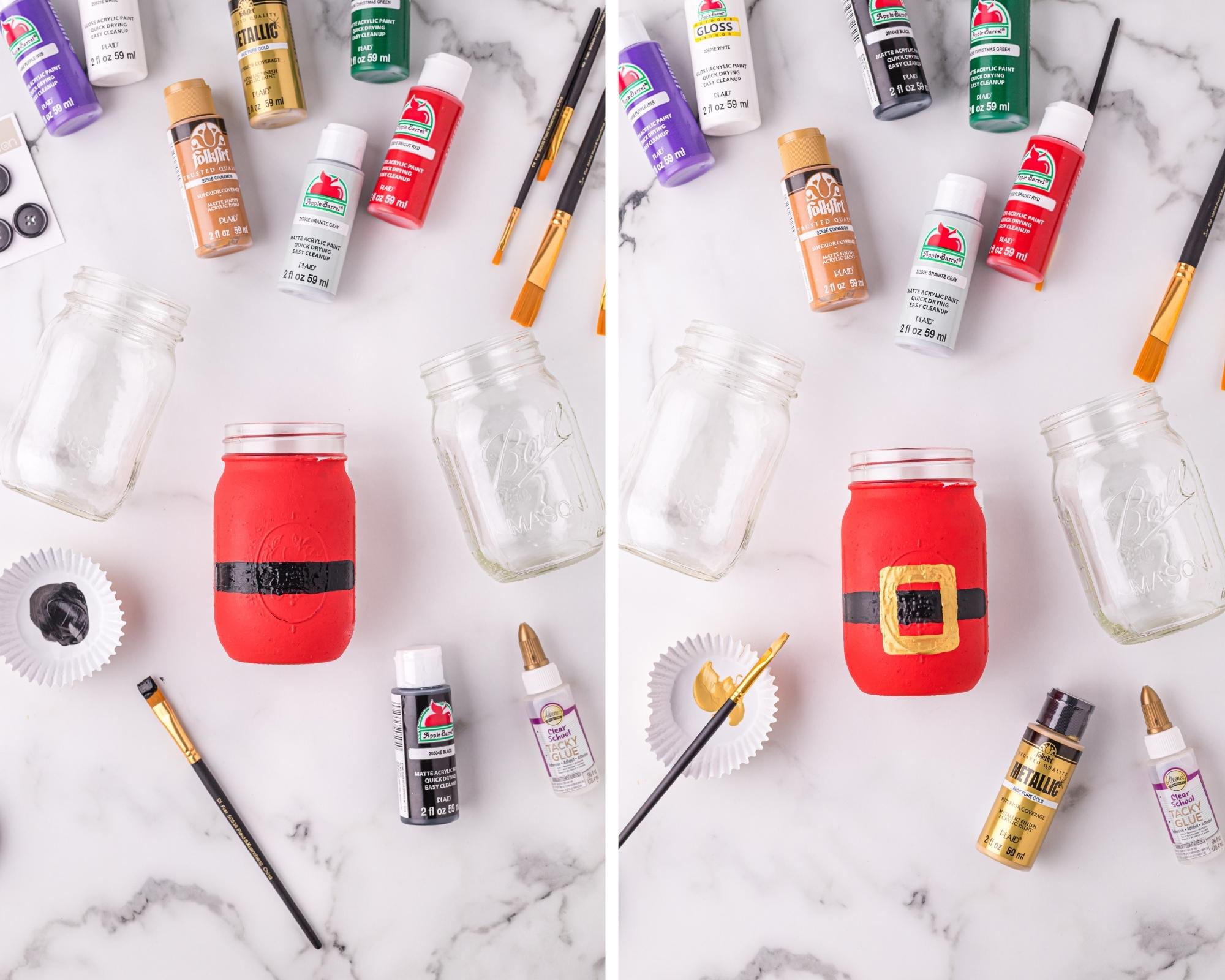 Painting a mason jar to look like Santa's coat. 