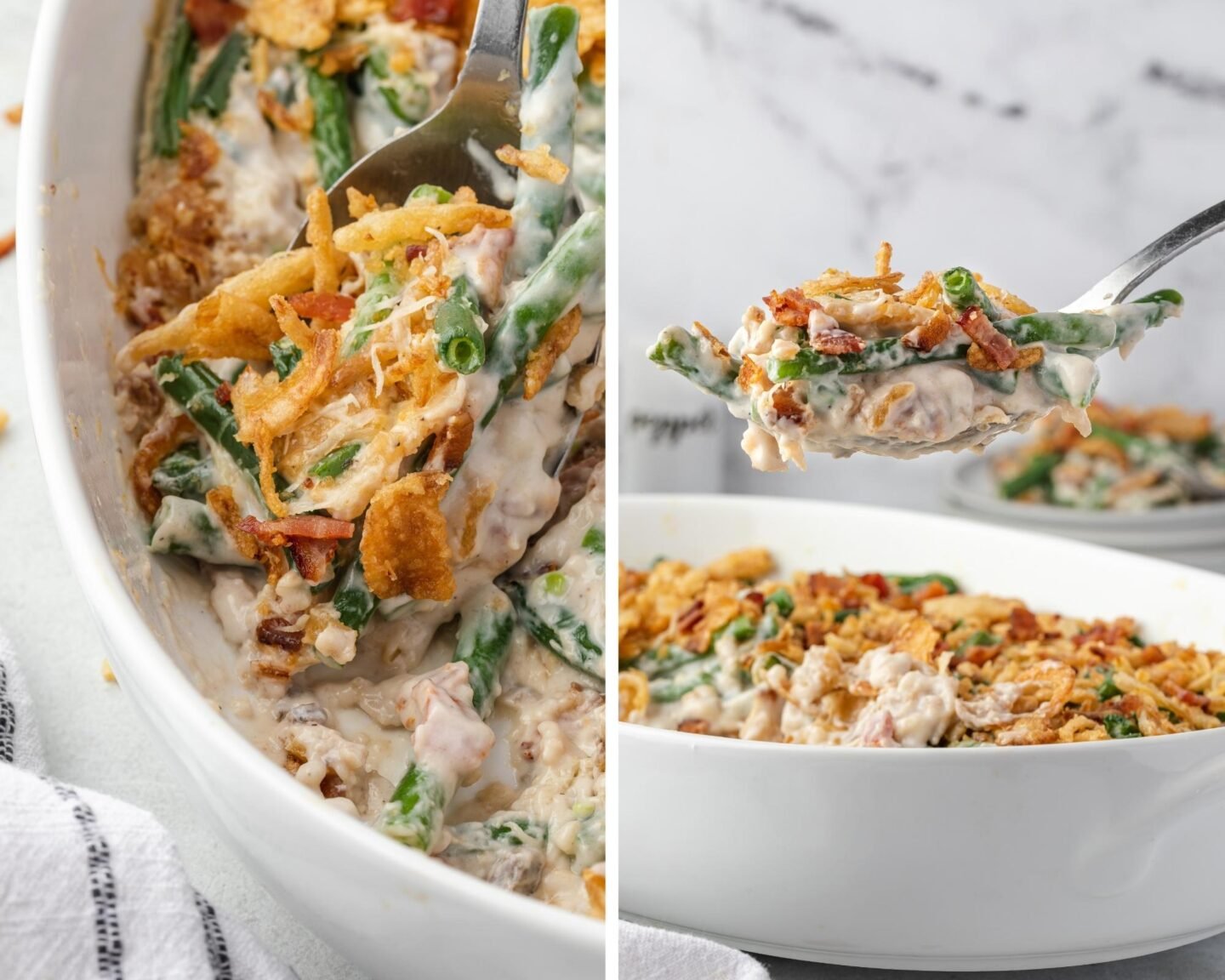 green bean casserole with bacon and onion