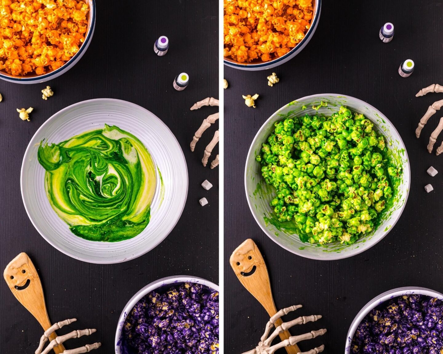 Cheddar popcorn, green food coloring, and purple popcorn in separate bowls 