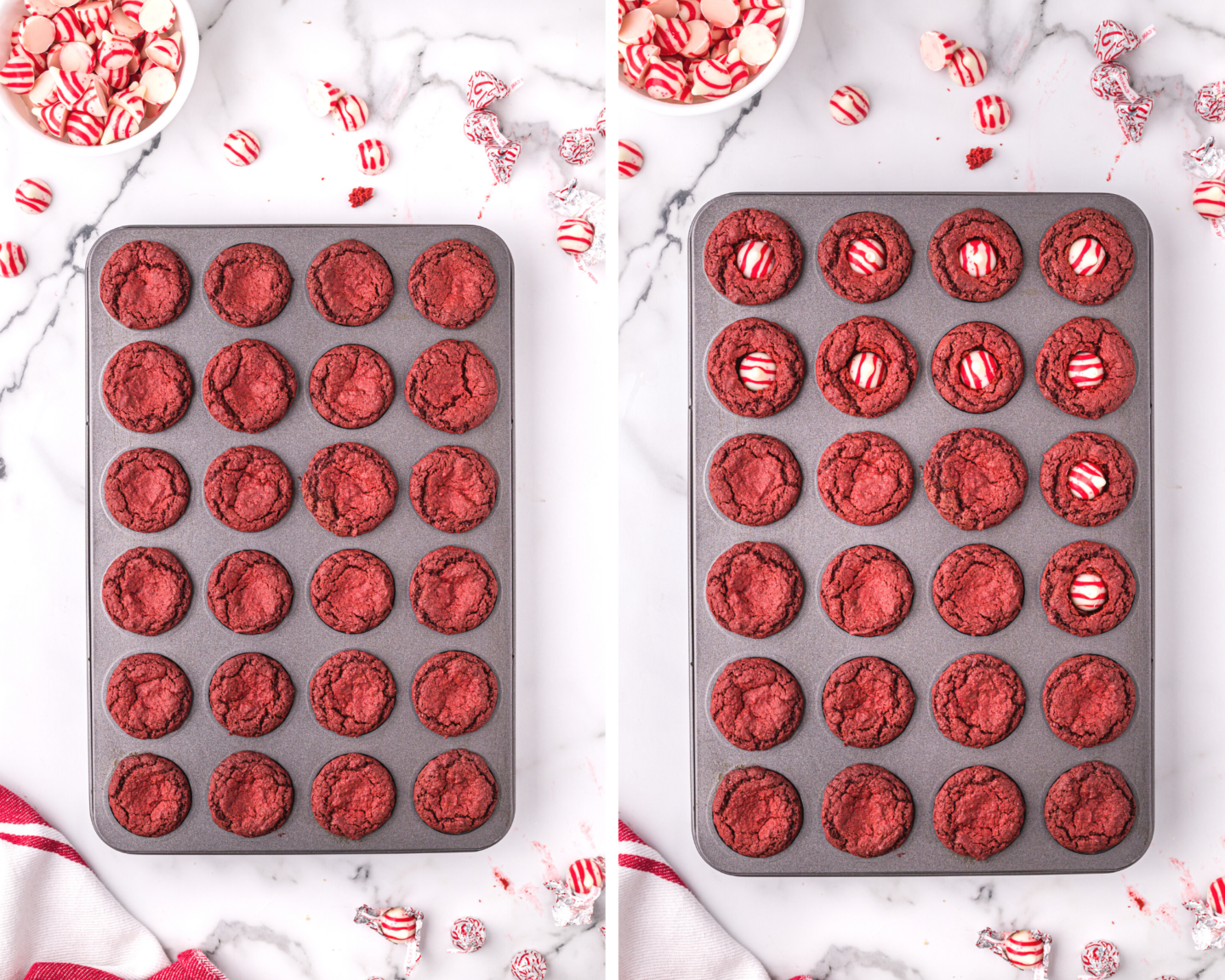 Adding Hersheys Kisses to the baked cookies 