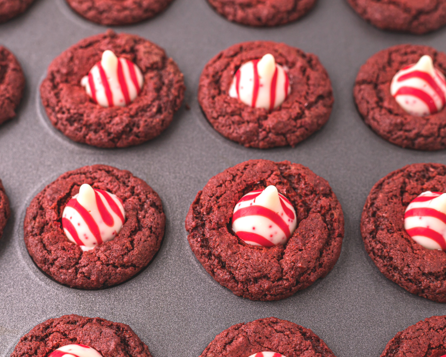 Red velvet cookies with Hershey's kisses on top