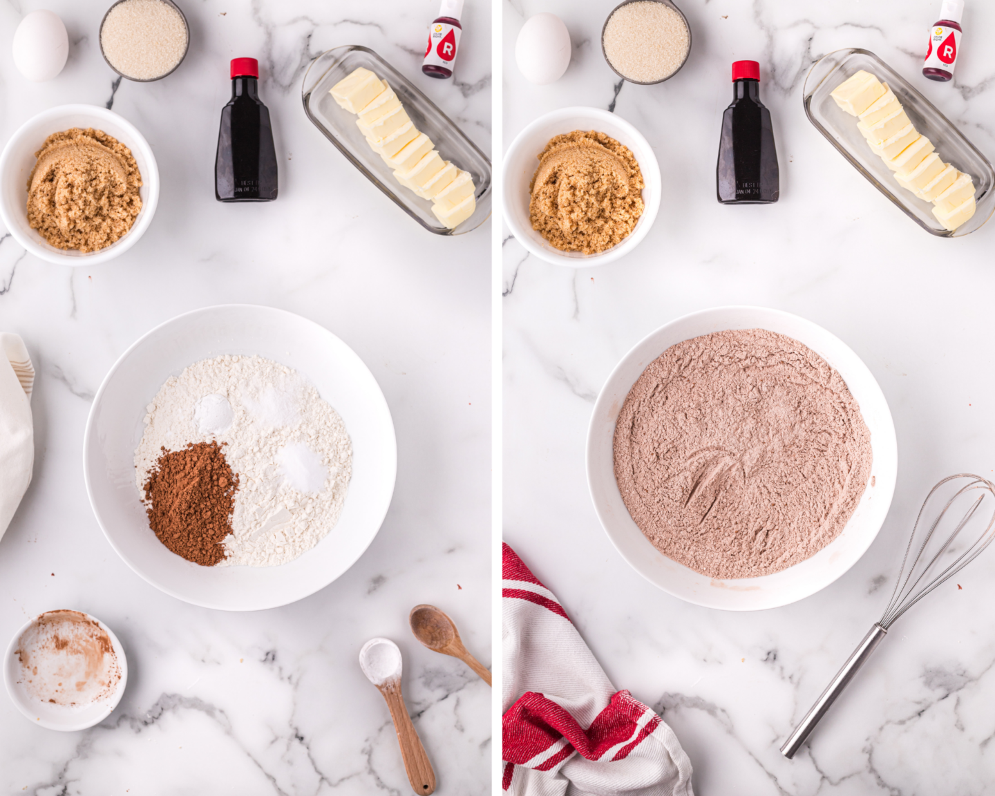 two photos in a collage showing how to mix the dry ingredients together. 