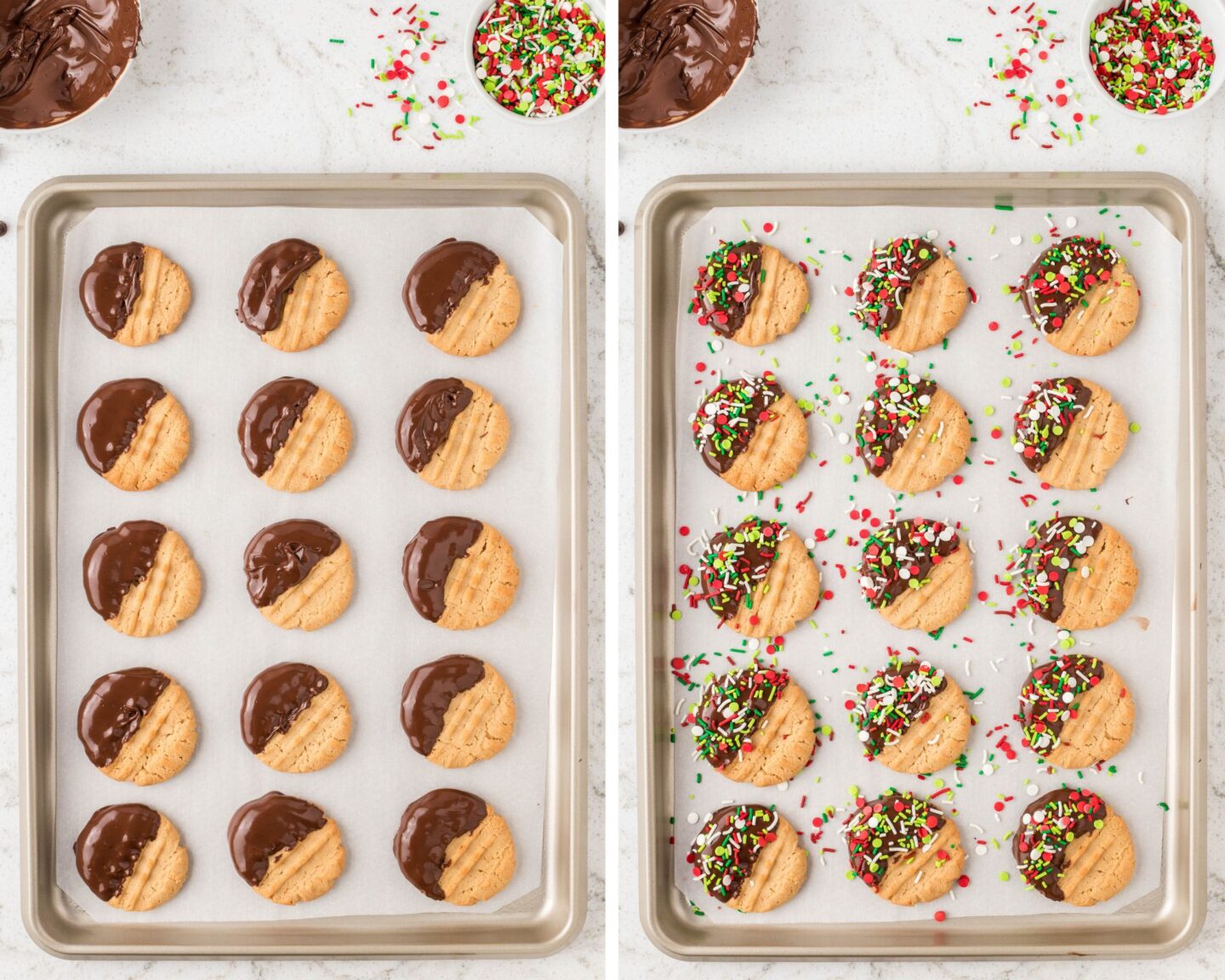 Two images showing how to decorate Christmas peanut butter cookies. 