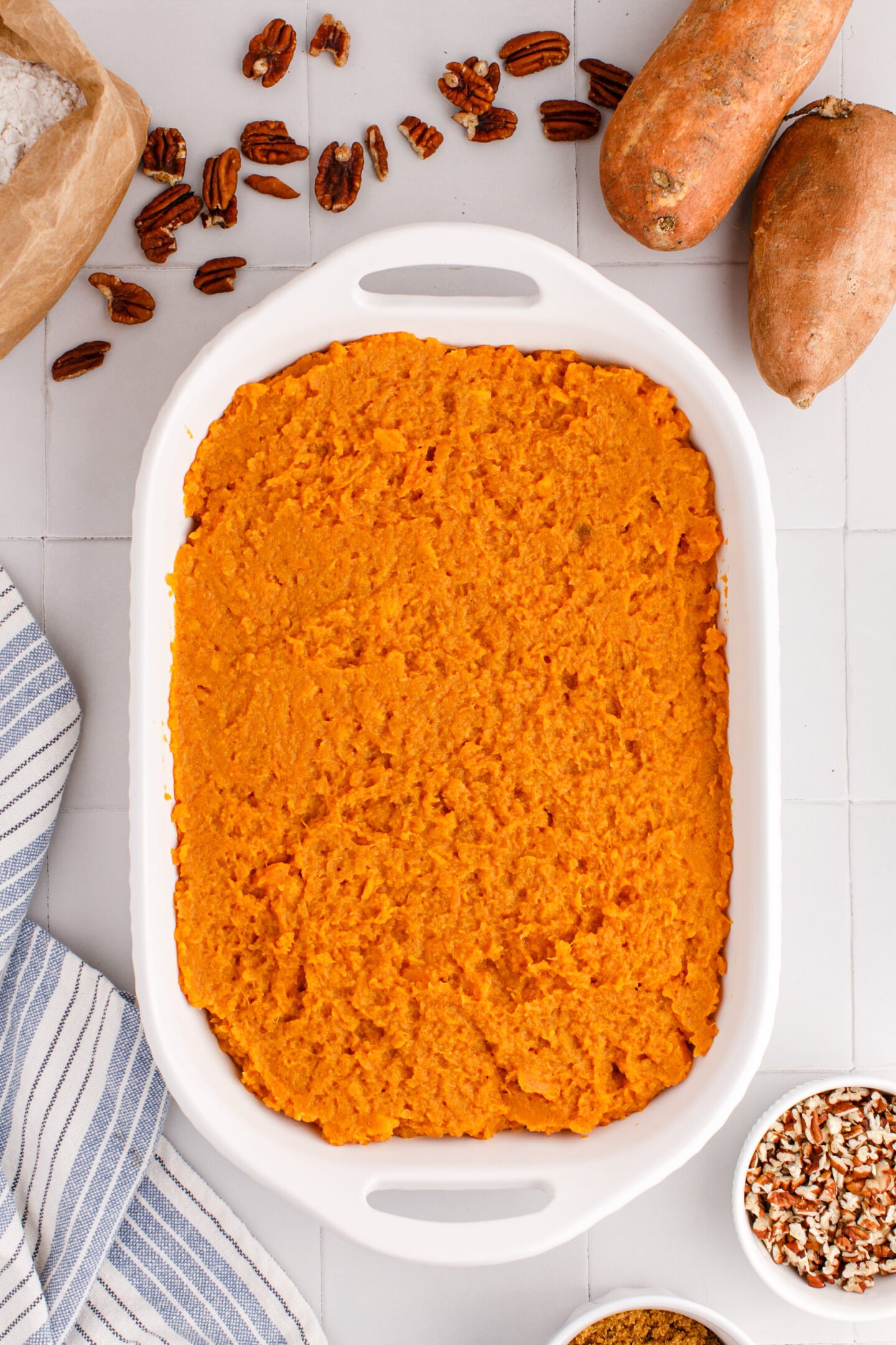 sweet potato casserole in a 9x13 baking dish