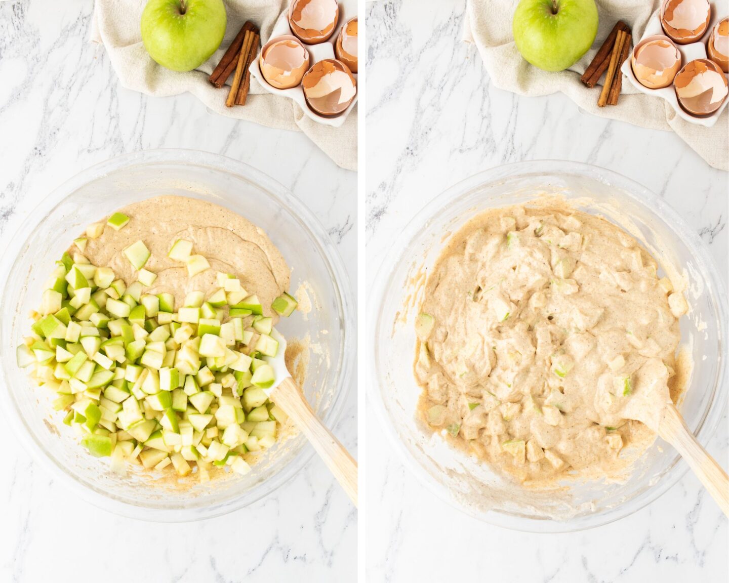 Mixing the diced apples into the cake batter