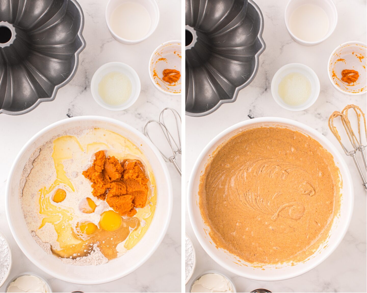 A collage of two photos showing how to make the cake batter. 