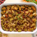 Classic Thanksgiving dressing baked with fresh herbs and rustic bread