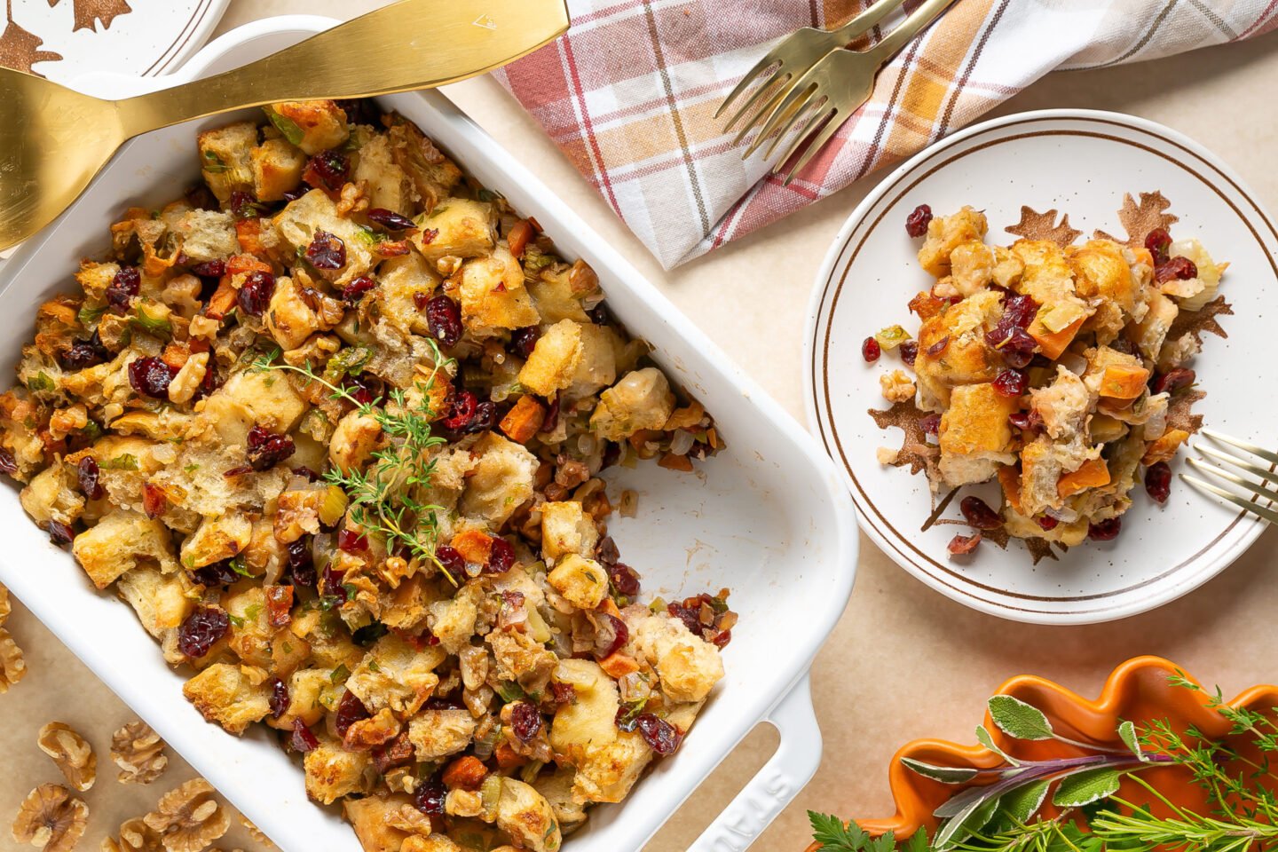 Thanksgiving dressing with sweet potatoes, walnuts, and cranberries