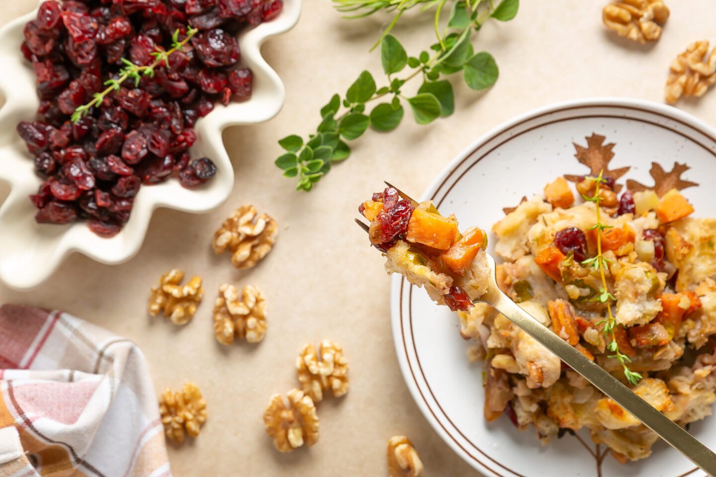 Moist Thanksgiving dressing with golden crispy top