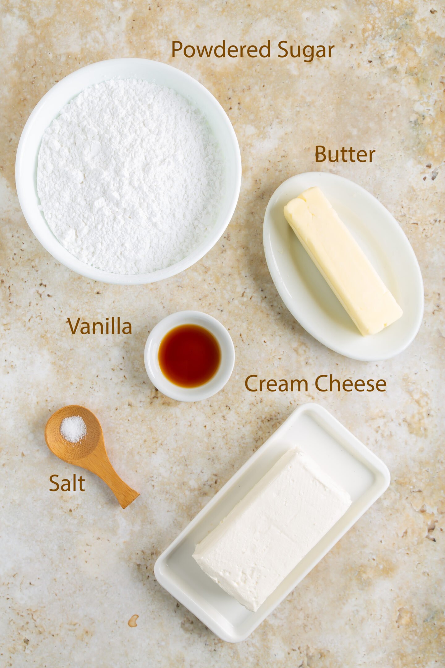 Ingredients for classic cream cheese frosting recipe 