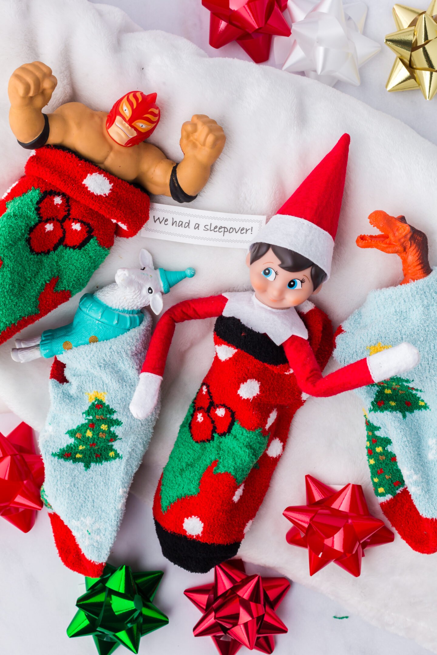 Elf on the Shelf sock sleepover scene