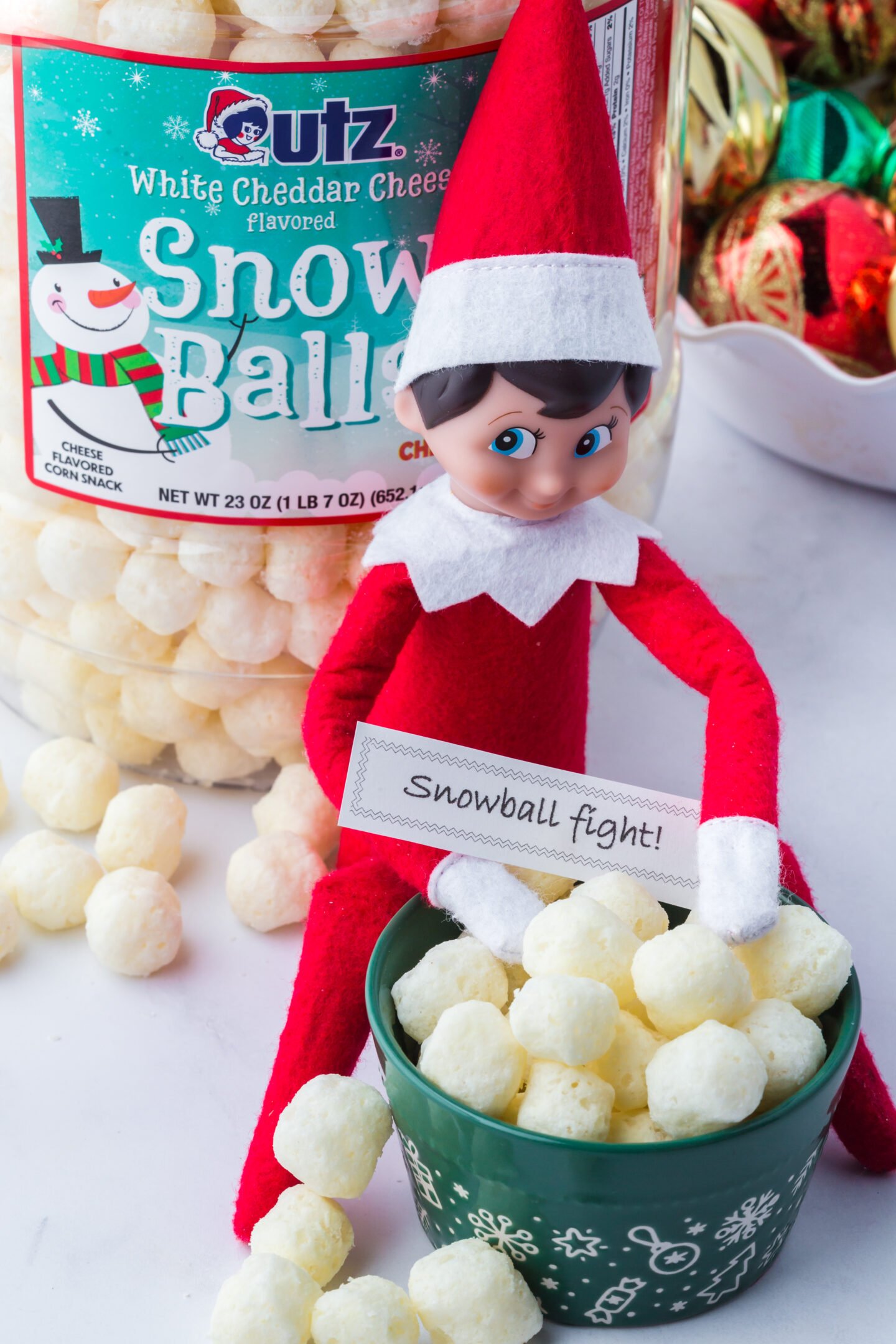 Elf on the Shelf snowball fight snack setup