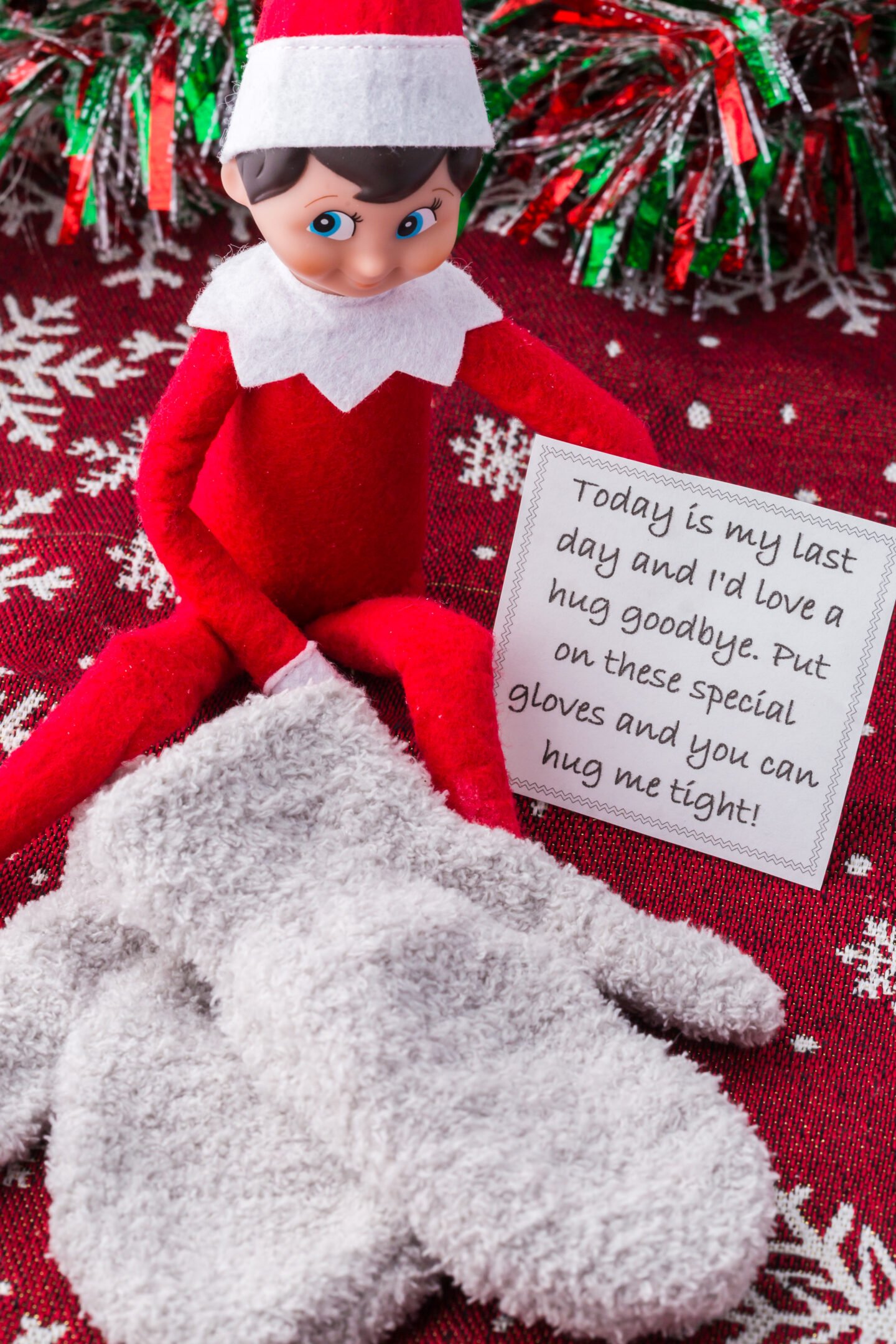 Elf on the Shelf goodbye hug Christmas Eve setup
